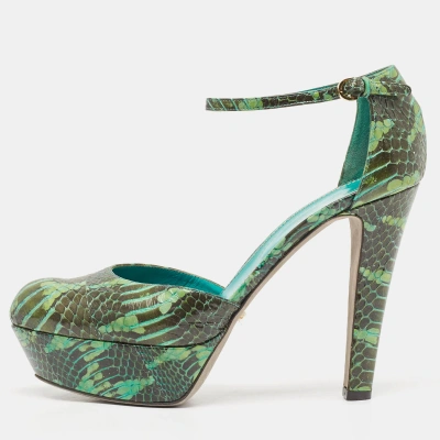 Pre-owned Sergio Rossi Two Tone Python Platform Ankle Strap Pumps Size 39.5 In Green