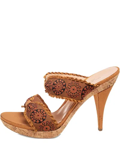 Pre-owned Sergio Rossi Vintage Bow-detail Embroidered Sandals In Brown