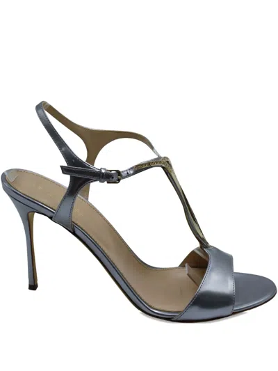 Pre-owned Sergio Rossi Vintage Crystal-embellished Leather Sandals In Gray
