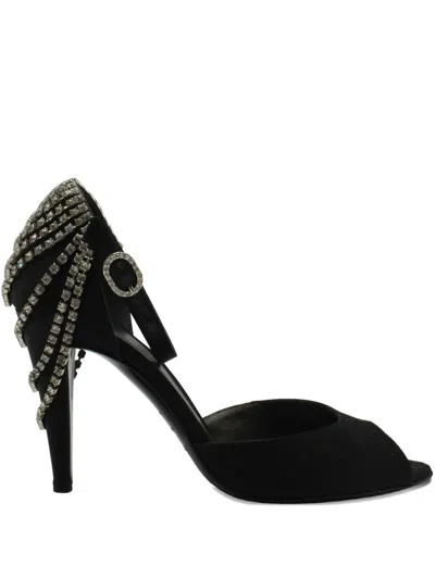 Pre-owned Sergio Rossi Vintage Crystal-embellished Peep-toe Sandals In Black