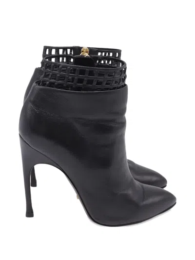 Pre-owned Sergio Rossi Vintage Lattice Cut-out Accent Ankle Boots In Black