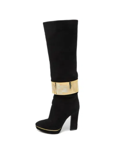 Pre-owned Sergio Rossi Vintage Metal-cuff Suede Boots In Black