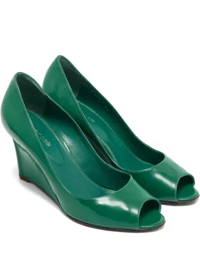 Pre-owned Sergio Rossi Vintage Patent-leather Wedge Sandals In Green