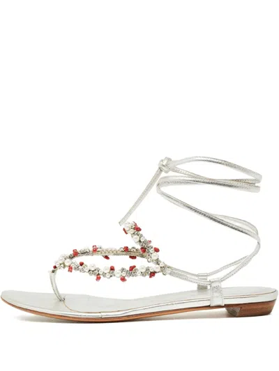 Pre-owned Sergio Rossi Vintage Pearl-embellishment Leather Sandals In Gray