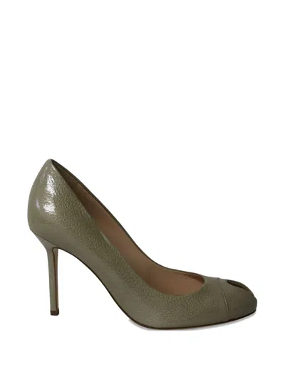 Pre-owned Sergio Rossi Vintage Peep-toe Leather Heeled Pumps In Green