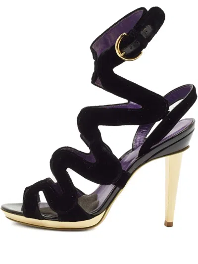 Pre-owned Sergio Rossi Vintage  100mm Wave Velvet Sandals In Black