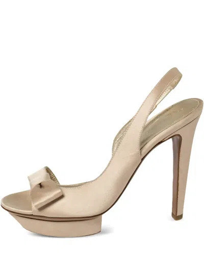 Pre-owned Sergio Rossi Vintage  120mm Bow Slingback Satin Sandals In Neutral