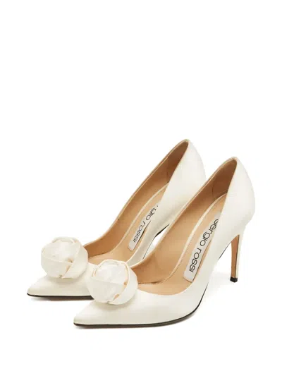 Pre-owned Sergio Rossi Vintage Rose-appliqué Pumps In White