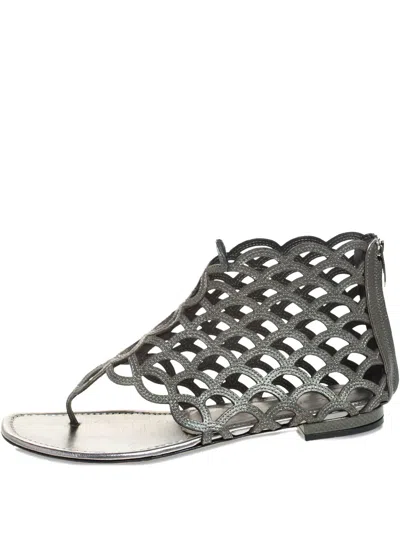 Pre-owned Sergio Rossi Vintage Scalloped Leather Sandals In Gray