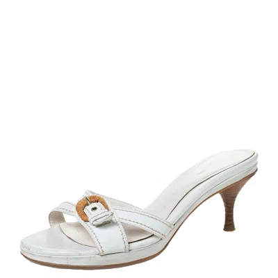 Sergio Rossi White Leather Buckle Detail Platform Slide Sandals