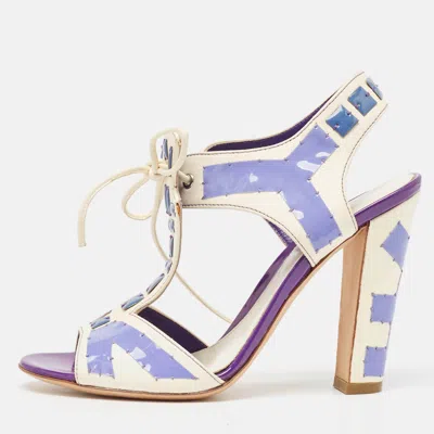 Pre-owned Sergio Rossi White Leather With Purple Cut Out Detail Peep Toe Sandals Size 36.5 In Cream