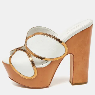 Pre-owned Sergio Rossi White Leather Wooden Platform Slide Sandals Size 38