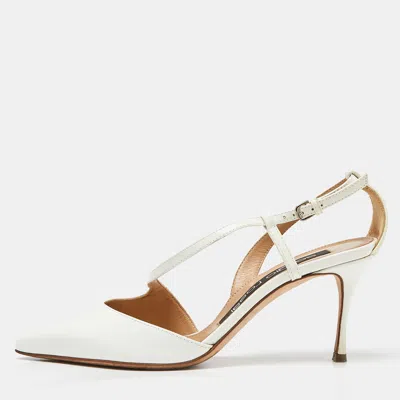 Pre-owned Sergio Rossi White Patent Leather Ankle Strap Pumps Size 35.5