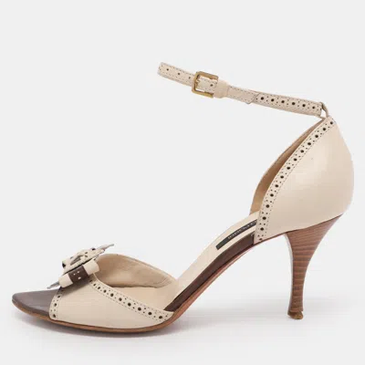 Pre-owned Sergio Rossi White/brown Leather Bow Ankle Strap Sandals Size 36.5