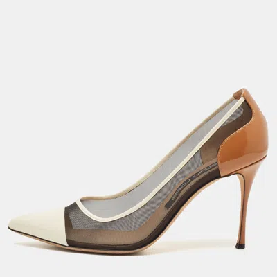 Pre-owned Sergio Rossi White/brown Mesh And Patent Leather Pointed Toe Pumps Size 40.5