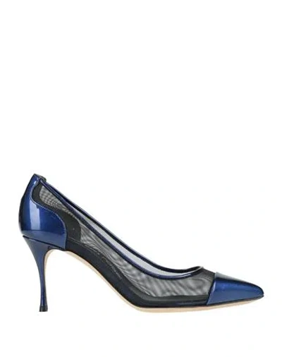 Sergio Rossi Woman Pumps Midnight Blue Size 6 Leather, Textile Fibers