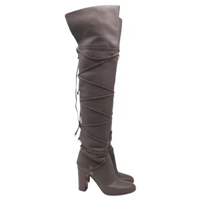 Pre-owned Sergio Rossi Wrap Around Thigh-high Boots In Grey Leather In Gray