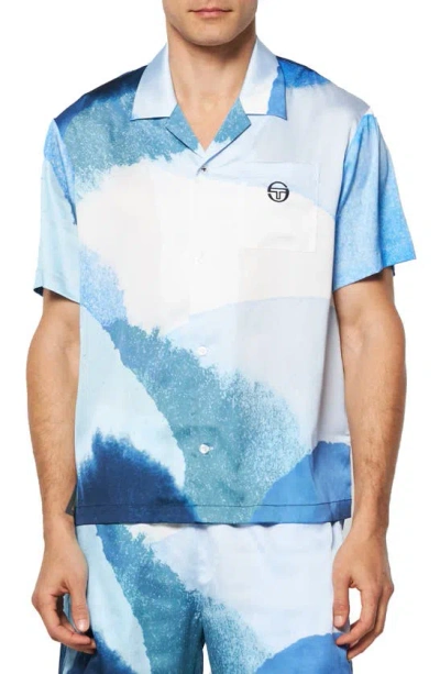 Sergio Tacchini Spiagga Cabana Crêpe De Chine Satin Camp Shirt In Maritime Blue Multi