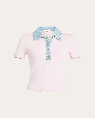 Ser.o.ya Denim-collar Short-sleeve Sweater In Pink
