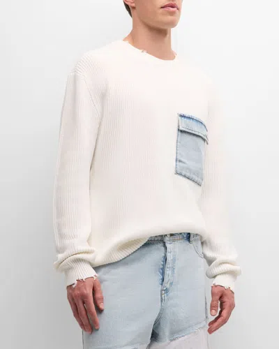 Ser.o.ya Men's Damien Sweater With Denim Pocket In White W/ Denim