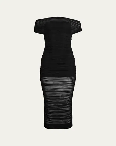 Ser.o.ya Noel Off-shoulder Ruched Mesh Midi Dress In Black