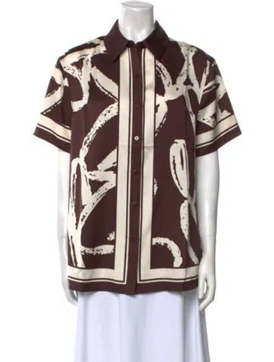 Pre-owned Ser.o.ya Printed Short Sleeve Button-up Top In Brown