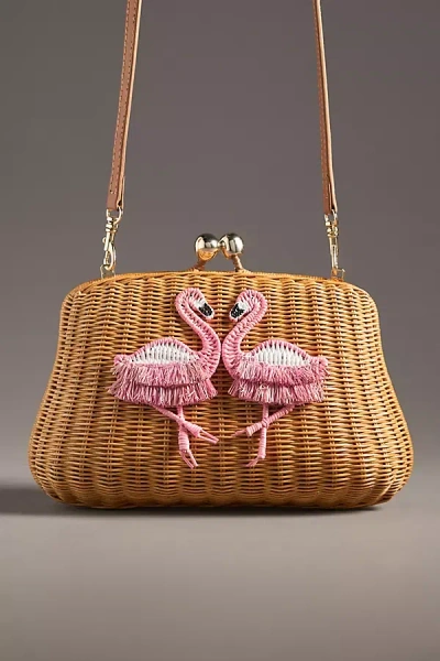 Serpui Blair Flamingo Wicker Clutch Bag In Beige