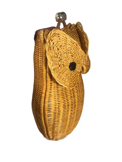 Serpui Owl Wicker Clutch Bag In Brown