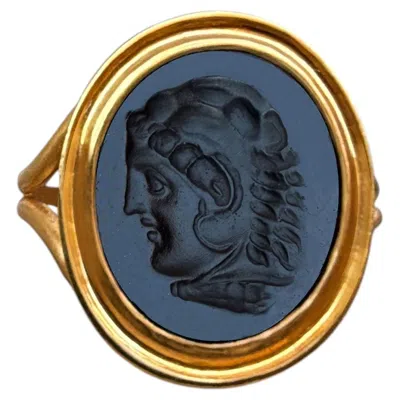 Pre-owned Serra Alexander The Great Ancient Roman Onyx Intaglio 1st–2nd Cent. Ad 22 Kt Gold Ring In Black