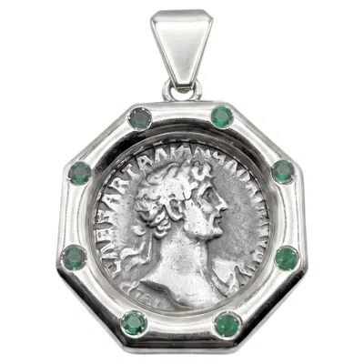 Pre-owned Serra Ancient Roman Coin 2nd Cent. Ad Pendant W/emeralds Depicting Emperor Hadrian In Multi