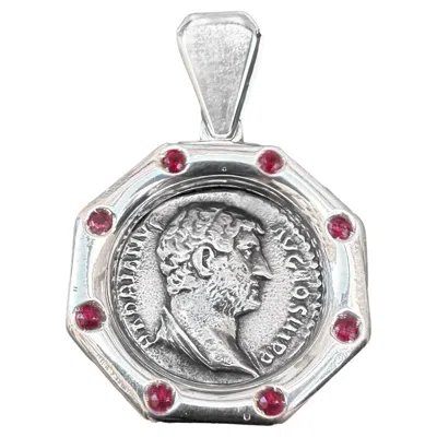 Pre-owned Serra Ancient Roman Coin 2nd Cent. Ad Pendant W/rubies Depicting Emperor Hadrian In Multi