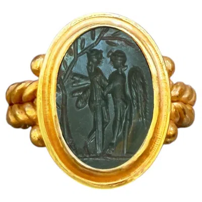 Pre-owned Serra Cupid And Psyche Ancient Roman Heliotrope Intaglio 1st Cent. Ad 22 Kt Gold Ring In Multi