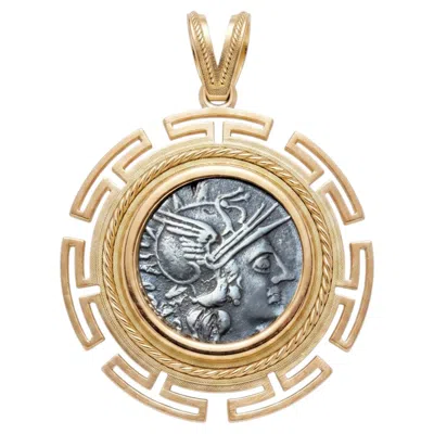 Pre-owned Serra Genuine Ancient Roman Coin 148 Bc 18kt Gold Pendant Depicting Goddess Rome In Multi