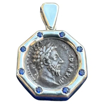 Pre-owned Serra Marcus Aurelius Ancient Roman Coin 2 Cent. Ad Pendant W/sapphires 0, 6kt In Multi