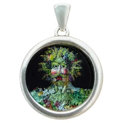 Pre-owned Serra Vertumnus Hand-painted On Onyx Sterling Silver Pendant In Black
