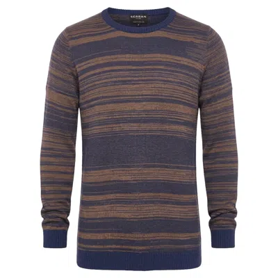 Serran London Men's Blue / Brown Stripe Crewneck Wool Jumper – Navy & Brown In Animal Print