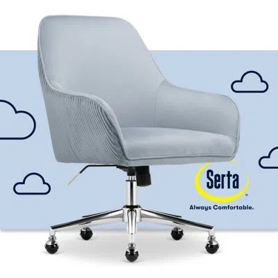 Serta Chloe Modern Office Chair, Pleated Velvet, Curved Mid-back, Medium Firm Cushion, Swivel Base In Chrome,blue