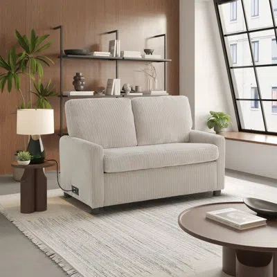 Serta Damon 53.5" Convertible Loveseat With Pull Out Twin Size Sleeper, Integrated Power Strip, Plush Cord In Beige