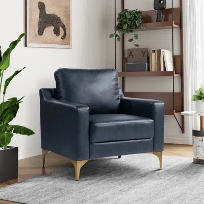 Serta Turner 33.5" Square Arm Armchair In Navy Blue Faux Leather,brushed Bronze