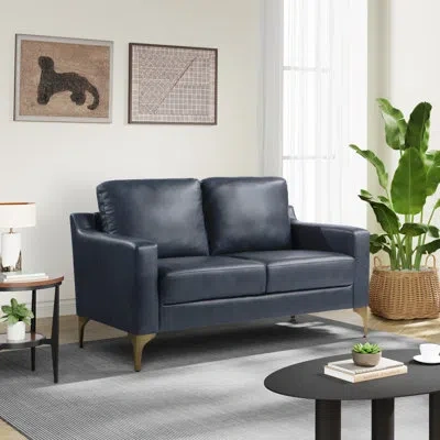Serta Turner 55.5" Square Arm Faux Leather Loveseat In Navy Blue,brushed Bronze