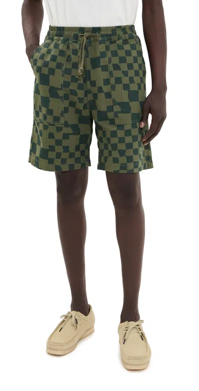 Service Works Drill Printed Chef Shorts Olive Checker