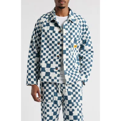 Service Works Organic Cotton Drill Printed Front Of House Jacket In Teal Checker