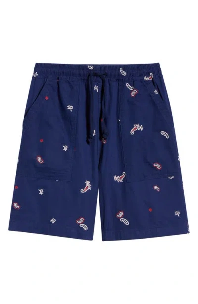 Service Works Paisley Organic Cotton Poplin Drawstring Chef Shorts In Blue