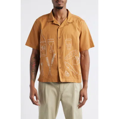 Service Works Picnic Embroidered Light Twill Short Sleeve Camp Shirt In Burnt Sugar