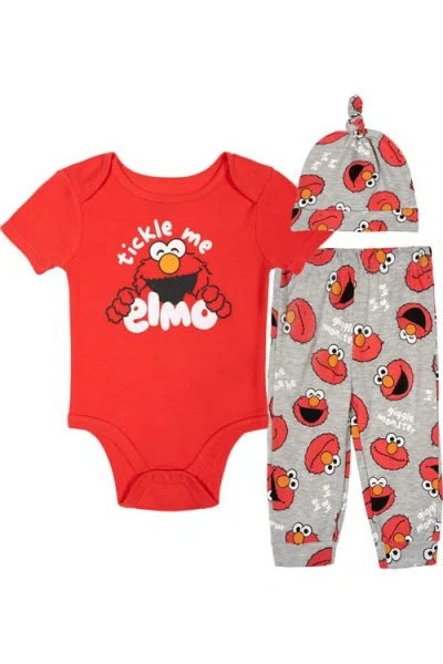 Sesame Street Babies' ® 3-piece Bodysuit Pants And Hat Set In Elmo Red Grey