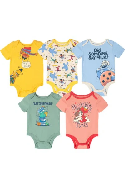 Sesame Street Babies' ® 5-pack One Piece Short Sleeve Bodysuits In Blue Yellow Green Pink