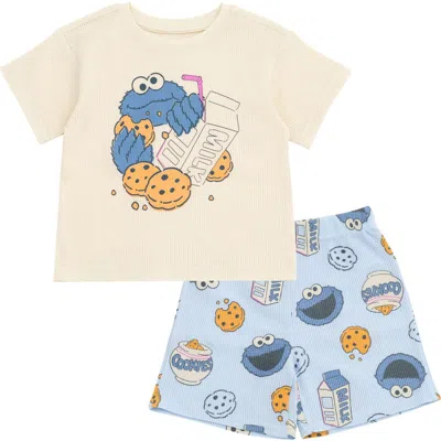 Sesame Street Kids' ® Cookie Monster Boys' T-shirt And Waffle Shorts Set In Ivory Blue Cookie