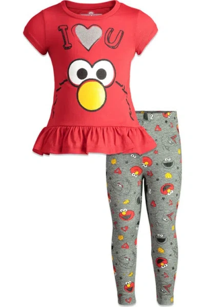 Sesame Street Babies' ® Glitter 2-piece T-shirt And Leggings Set In Red Elmo Heather Grey