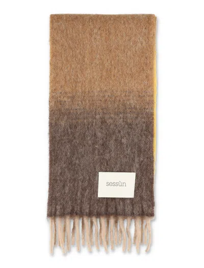 Sessun Brushed Alpaca Fringe Scarf In Brown Yellow Multi