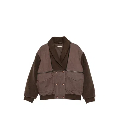 Sessun Double-breasted Fleece-sleeve Jacket In Brown